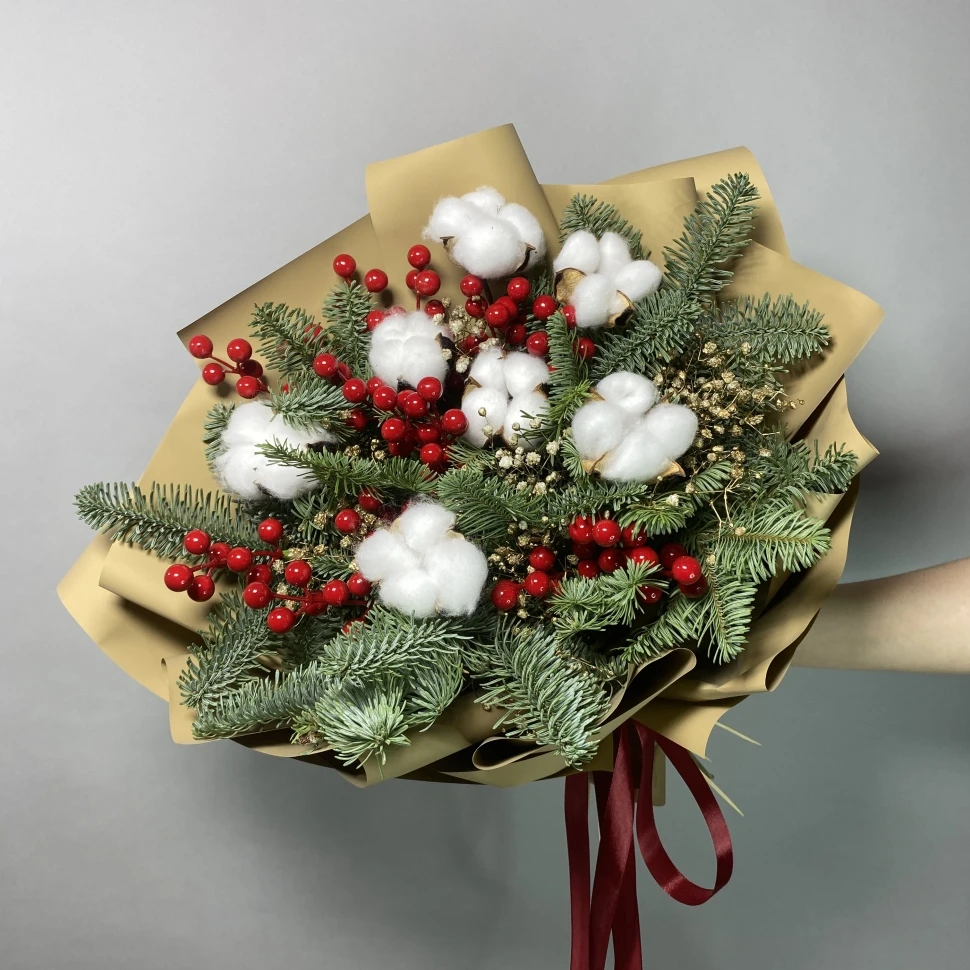 Новогодний букет с нобилисом, хлопком и декором