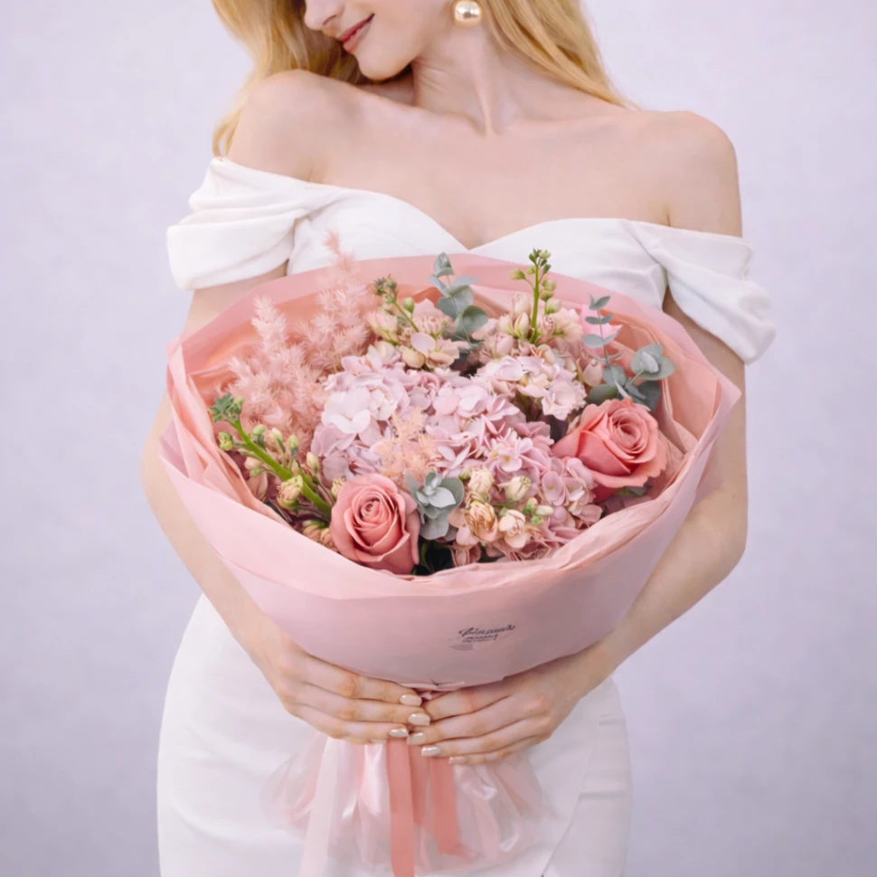 Букет из гортензии, маттиол, роз и эвкалипта