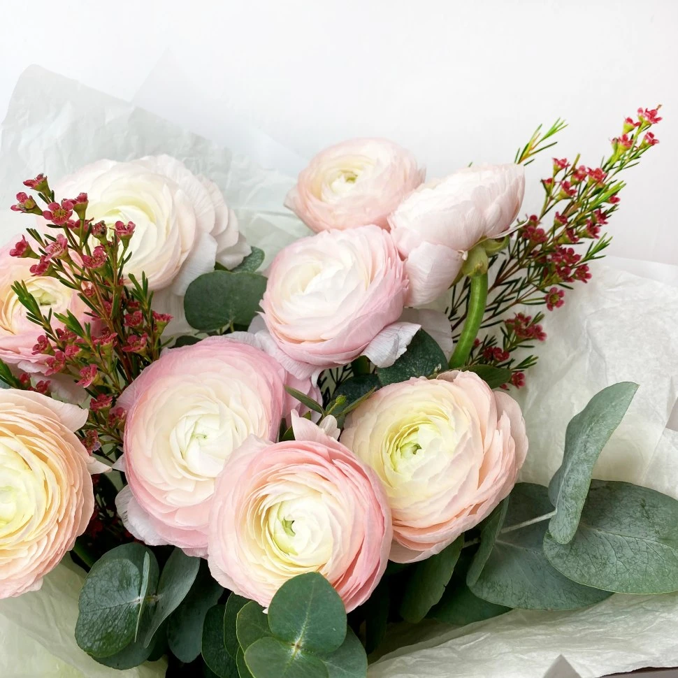 Букет ранункулюса, хамелациума и эвкалипта