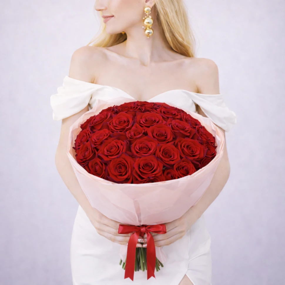 Букет из 25 красных 60см роз сортовых в оформлении