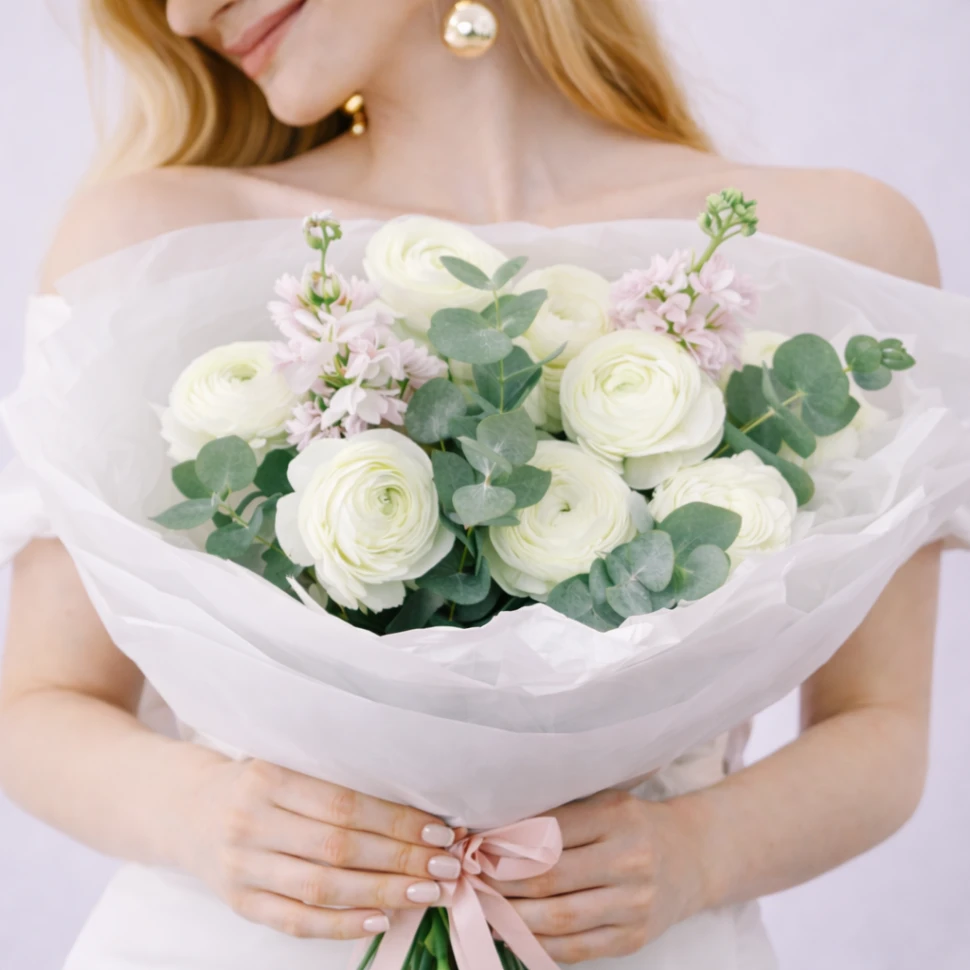 Букет из 7 ранункулюсов и маттиол в оформлении