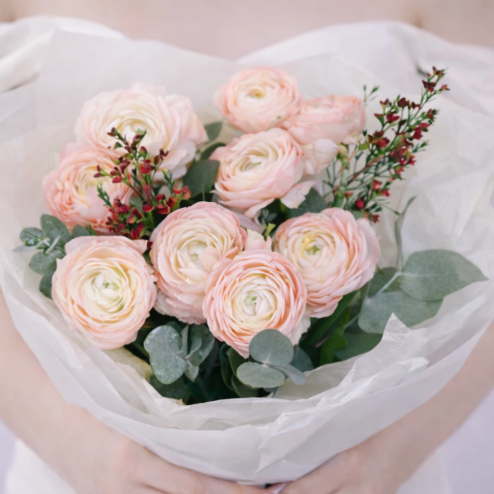 Букет из 9 ранункулюсов и хамелациума в оформлении